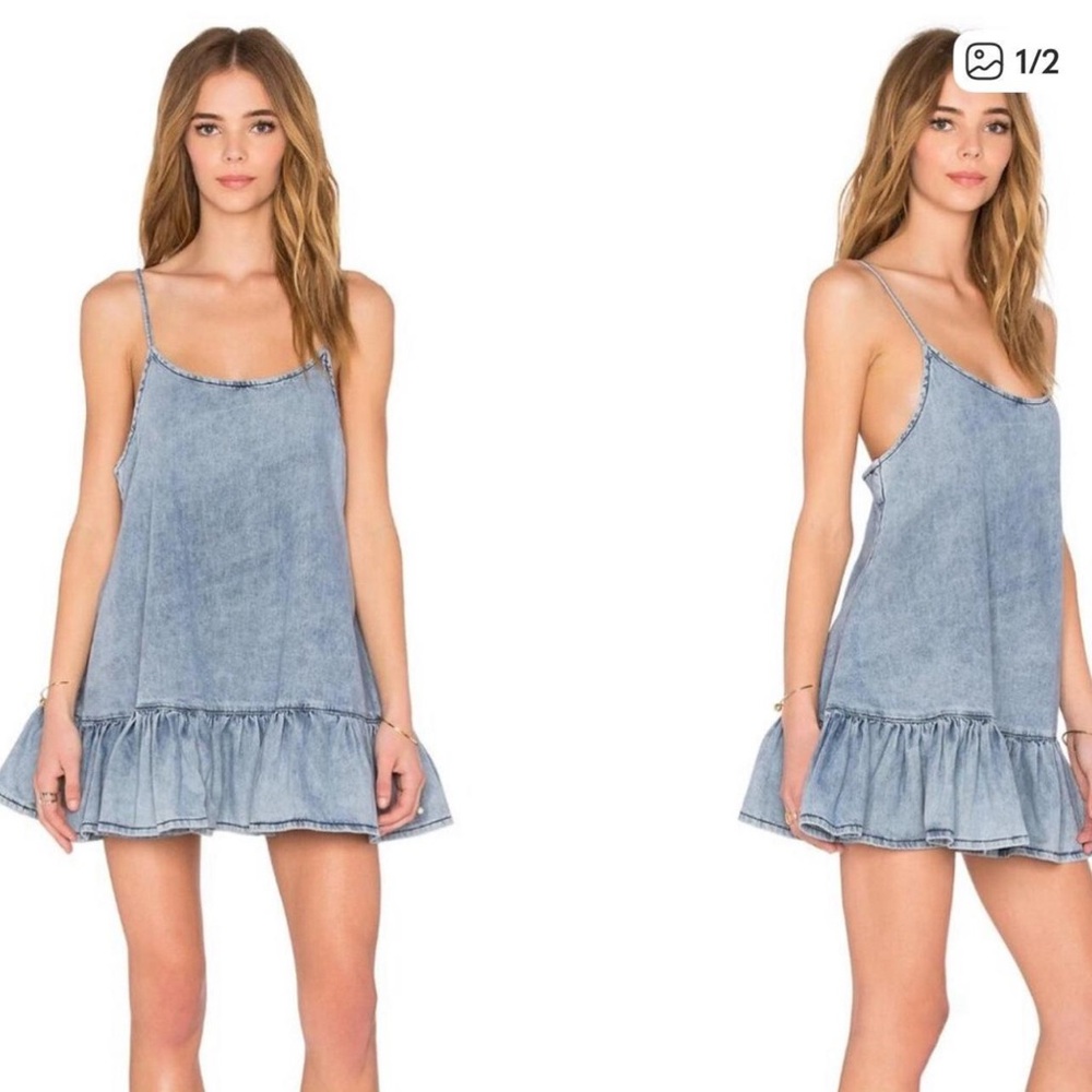 One Teaspoon Light Wash Denim Pinkie Ruffle Hem Mini Dress